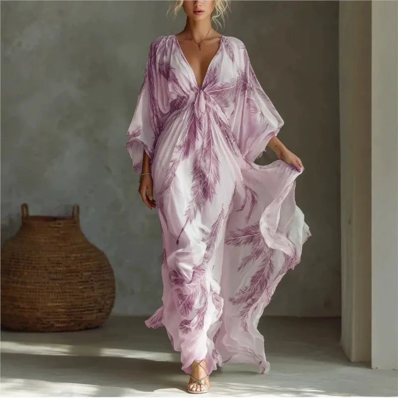 Bohemian Print Maxi Dress Deep V Neck Batwing Sleeve Long Dresses Casual Summer Holiday Resort Long Dresses Beachwear Vacation