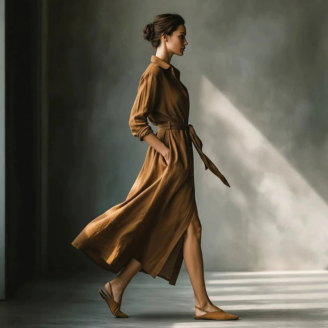 Women Spring Autumn Linen Lapel Collar Fashion Shirt Dress Waist Tie Belt Long Sleeve Long Shirt Dress Elegant Casual Daily Wear
