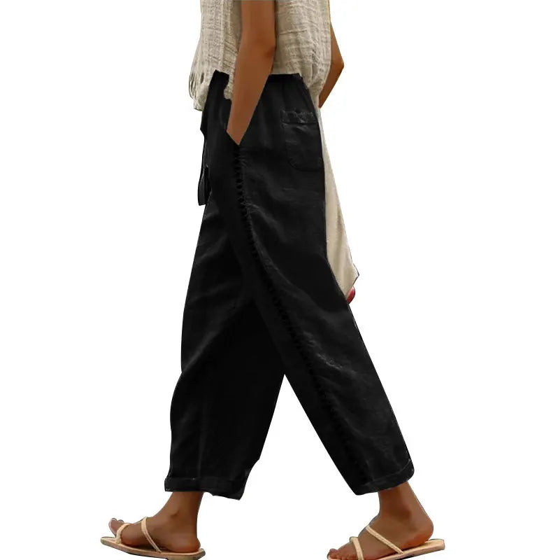 Vacation style hollow summer thin elastic waist loose cropped pants versatile breathable white casual pants