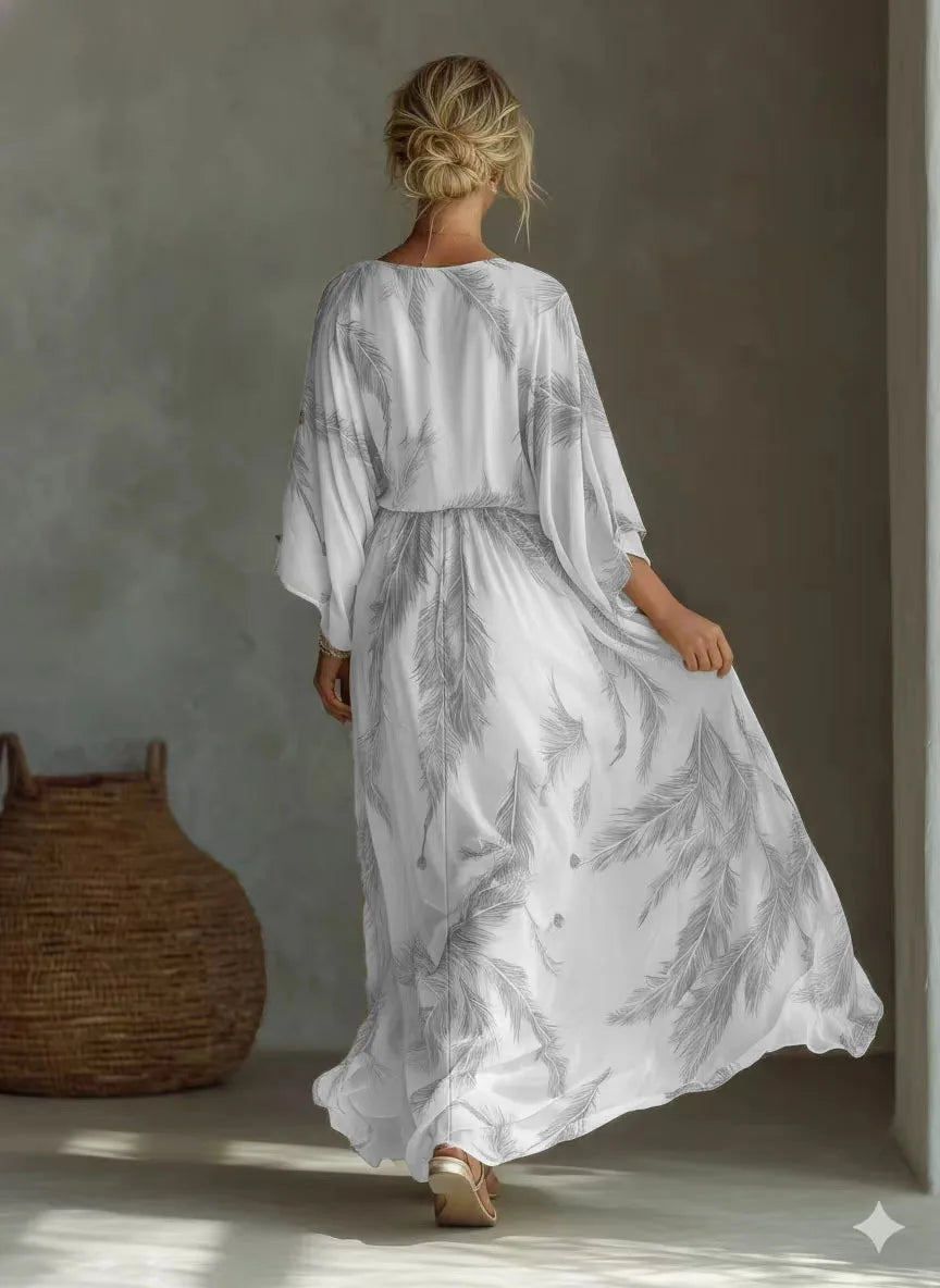 Bohemian Print Maxi Dress Deep V Neck Batwing Sleeve Long Dresses Casual Summer Holiday Resort Long Dresses Beachwear Vacation