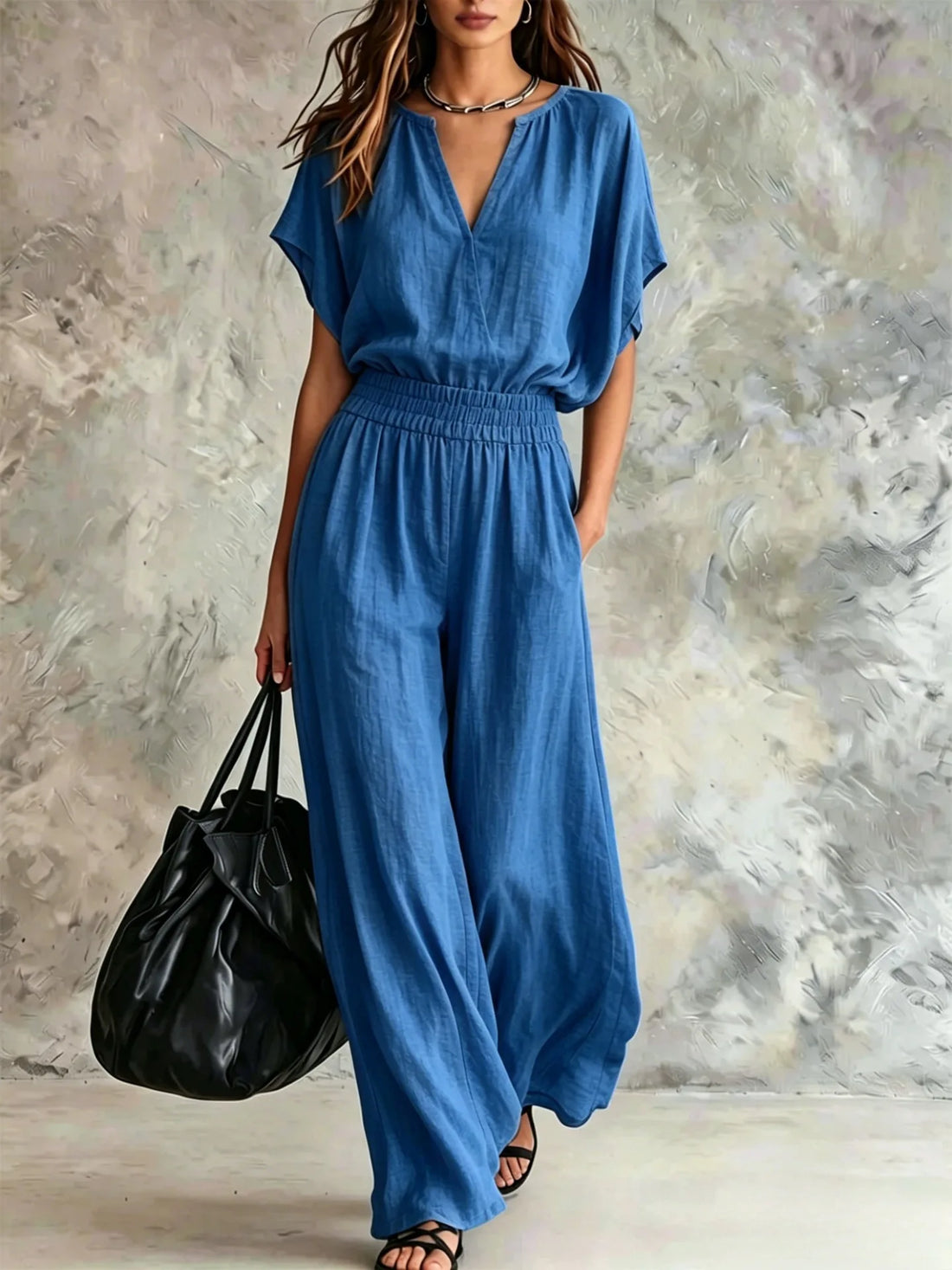 Women Casual Cotton Linen 2 Piece Outfit Summer Loose V Neck Short Sleeve Top Elastic High Waist Wide Leg Pants Set With Pockets