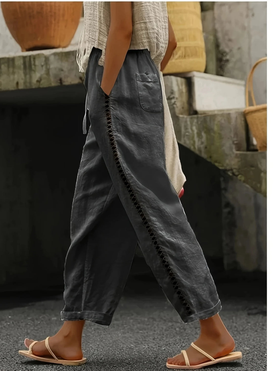 Vacation style hollow summer thin elastic waist loose cropped pants versatile breathable white casual pants
