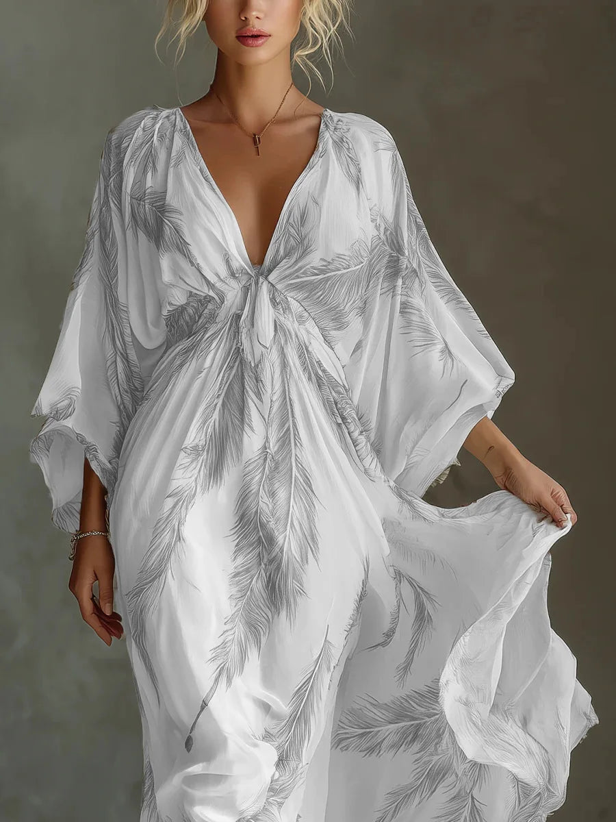 Bohemian Print Maxi Dress Deep V Neck Batwing Sleeve Long Dresses Casual Summer Holiday Resort Long Dresses Beachwear Vacation