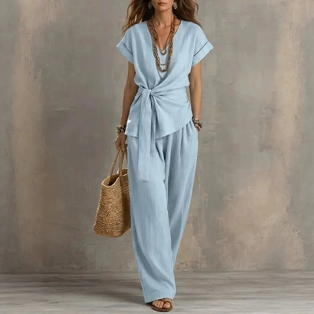 Fashion New Women Cotton Linen 2 Piece Outfit V Neck Tie Waist Short Sleeve Top Long Wide Leg Pants Loose Casual Summer Suit