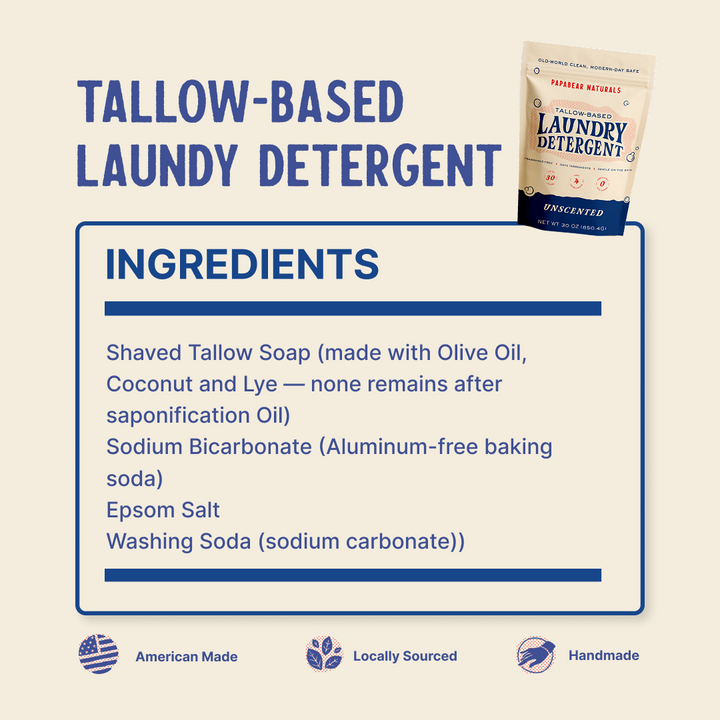 Grass-Fed Tallow Laundry Soap – Natural, Non-Toxic Stain Remover | Small-Batch Heritage Laundry Detergent with Simple Ingredients